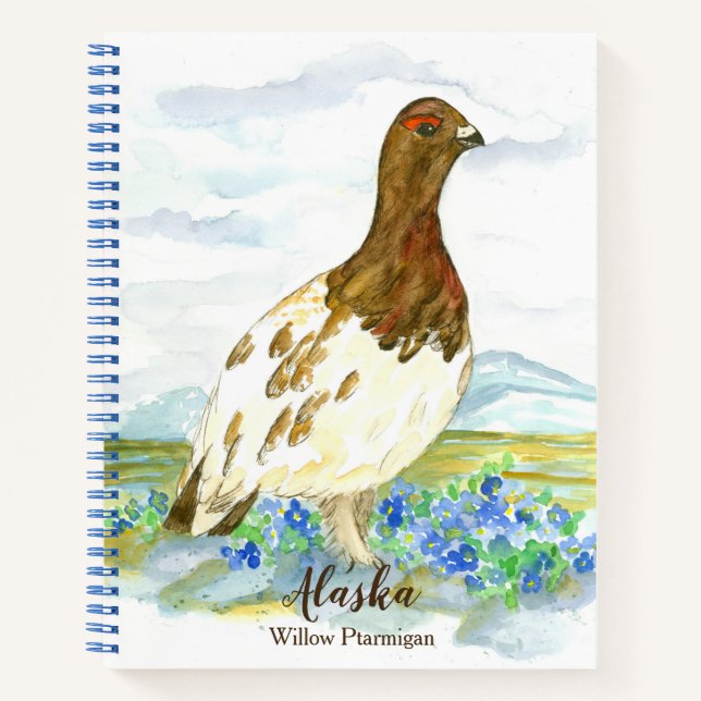 Cuaderno Willow Ptarmigan Alaska State Bird Blue Watercolor (Anverso)