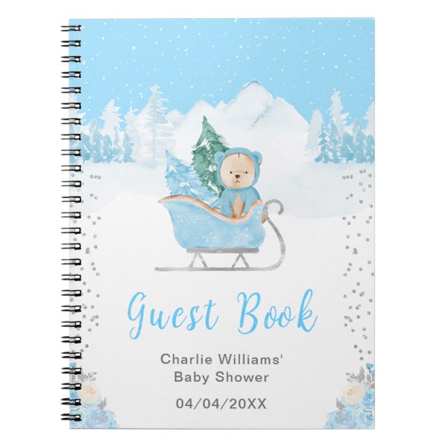 Cuaderno Winter Bear Blue Sleigh Baby Shower Guest Book (Frente)