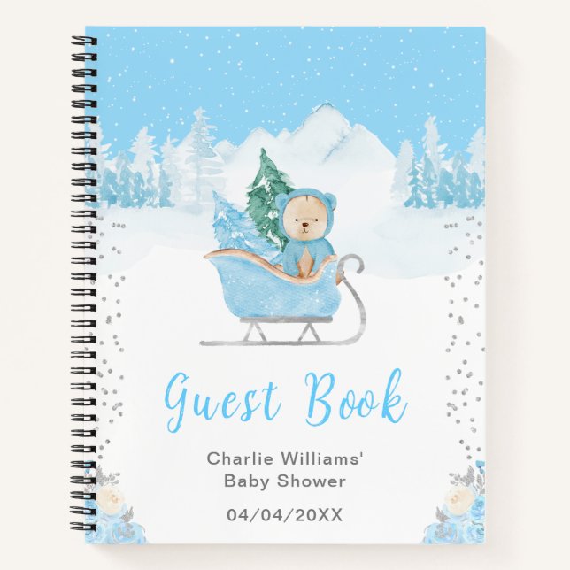 Cuaderno Winter Bear Blue Sleigh Baby Shower Guest Book (Anverso)