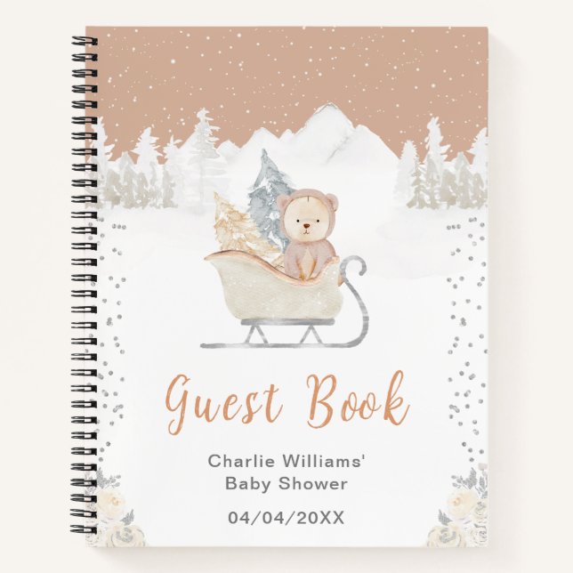Cuaderno Winter Bear Brown Sleigh Baby Shower Guest Book (Anverso)