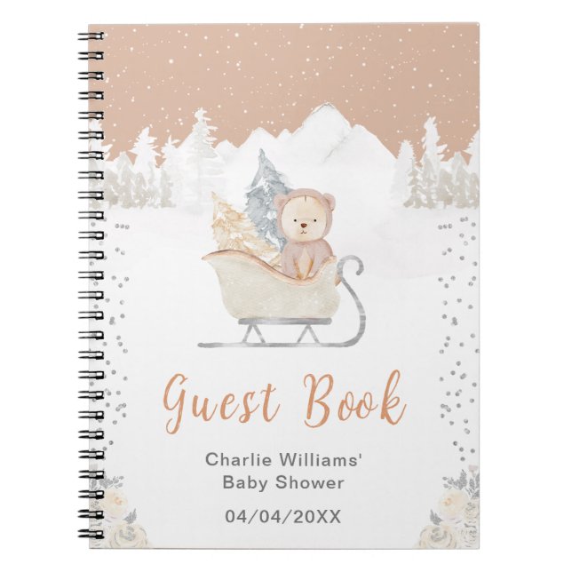 Cuaderno Winter Bear Brown Sleigh Baby Shower Guest Book (Frente)