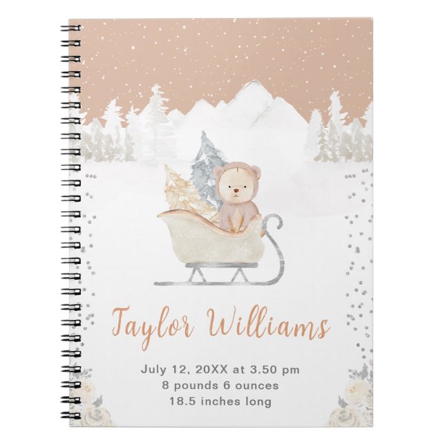 Cuaderno Winter Bear Brown Sleigh Nacimientos Estadísticas (Frente)