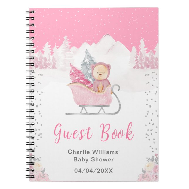 Cuaderno Winter Bear Pink Sleigh Baby Shower Guest Book (Frente)