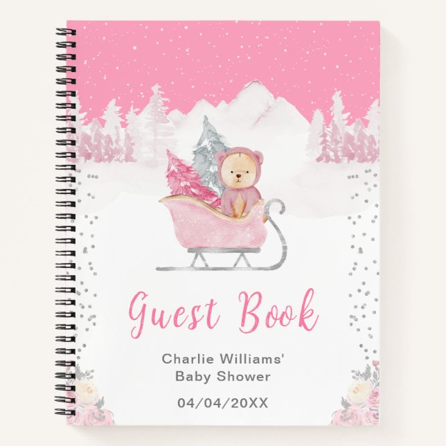 Cuaderno Winter Bear Pink Sleigh Baby Shower Guest Book (Anverso)