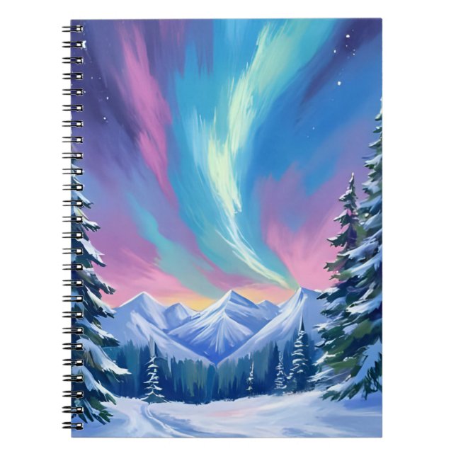 Cuaderno Winter Night Northern Lights Watercolor Mountain (Frente)