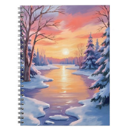 Cuaderno Winter River Sunset Landscape Snow Watercolor