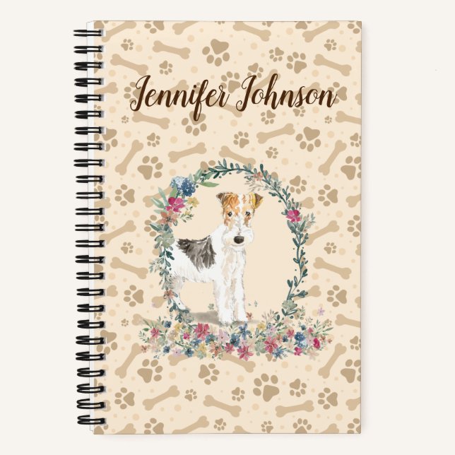 Cuaderno Wire Haired Fox Terrier Dog Paw Print & Floral (Anverso)
