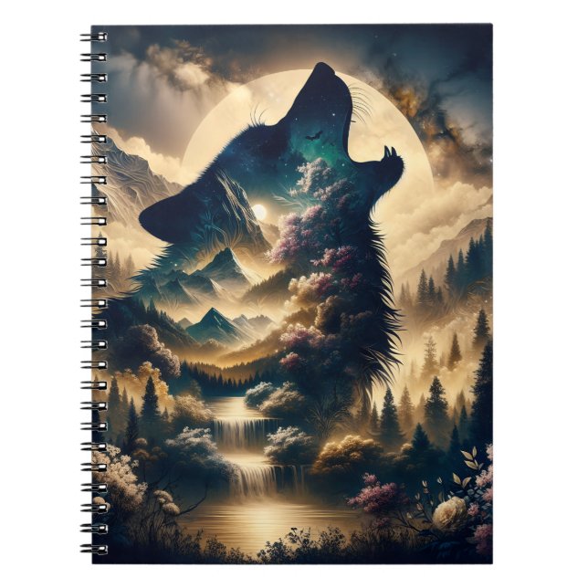 Cuaderno Wolf Howling en la luna en una noche nublada (Frente)