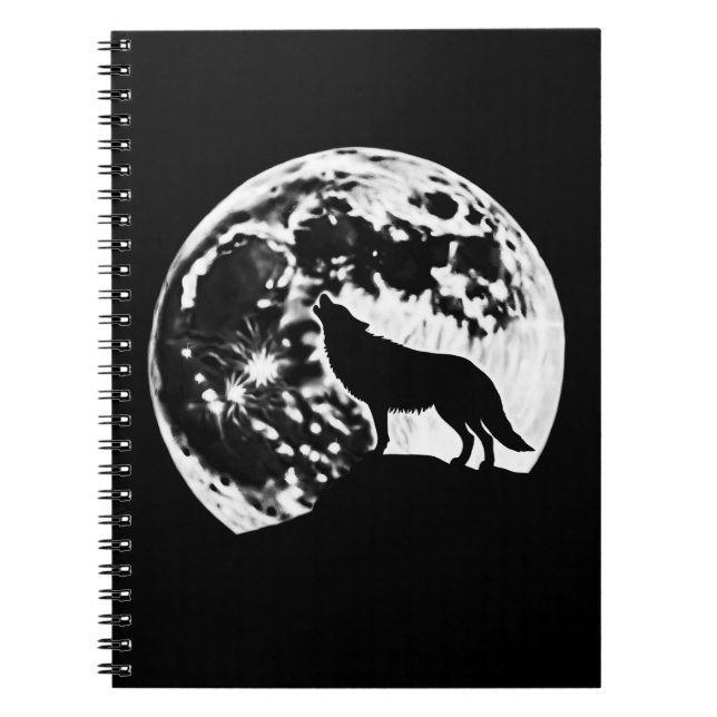 Cuaderno Wolf Howling Silhouetti contra una luna llena (Frente)