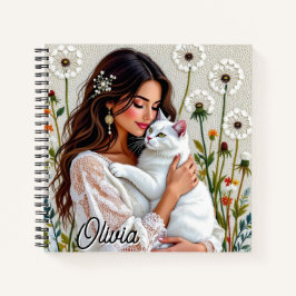 Cuaderno Woman and White Cat and Dandelions