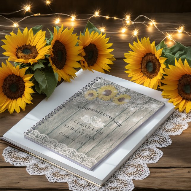 Cuaderno Wood Sunflower Lace String Light Boda Guestbook (Subido por el creador)