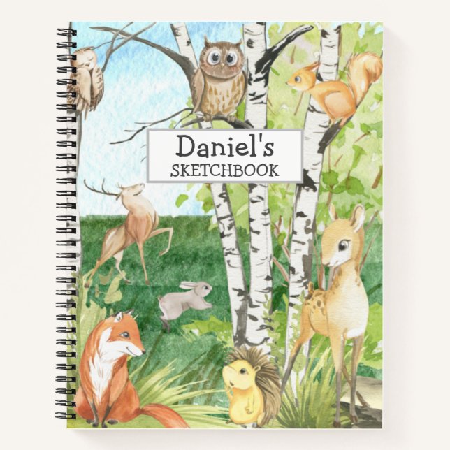 Cuaderno Woodland Animals Watercolor Custom Name Sketchbook (Anverso)