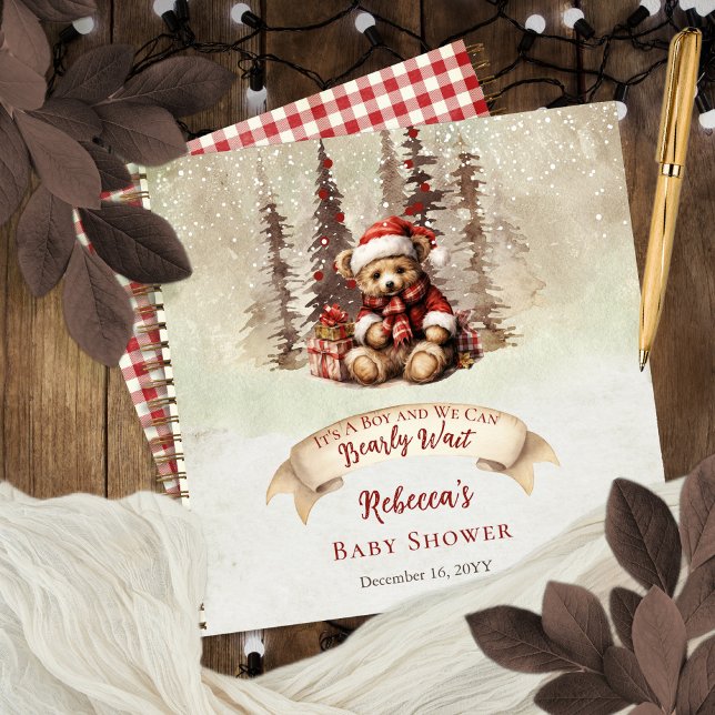 Cuaderno Woodland Bear Holiday Boy Baby Shower Guest Book ("It's A Boy and We Can Bearly Wait" Baby Shower rustic woodland Christmas Holiday Guest Book design)