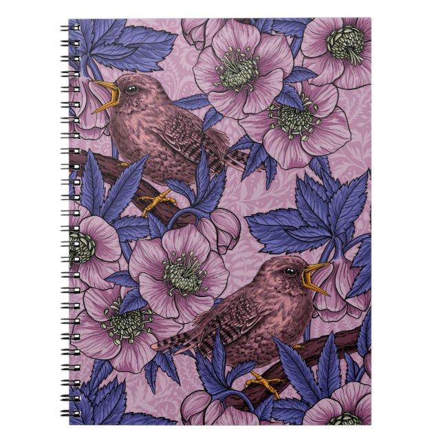 Cuaderno Wren y hellebore, rosa y violeta (Frente)