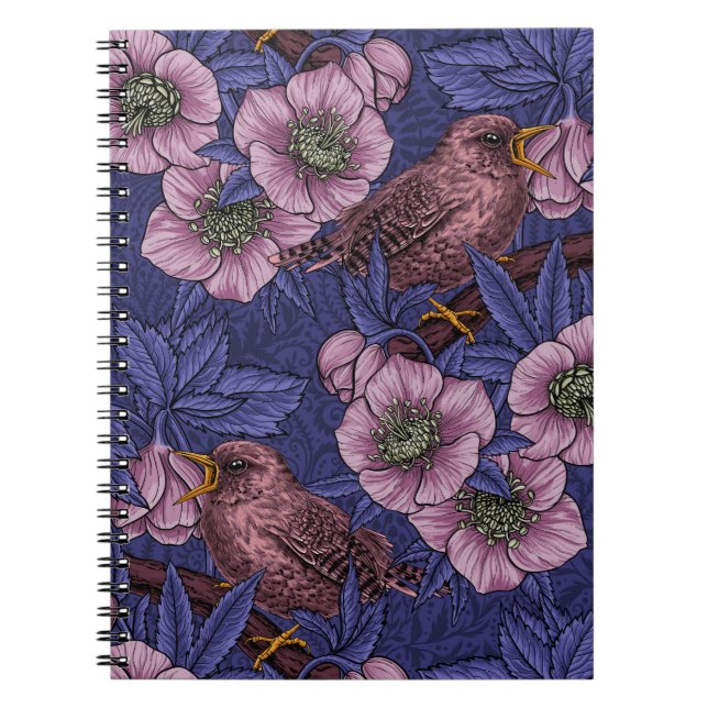 Cuaderno Wren y hellebore, violeta y rosa (Frente)
