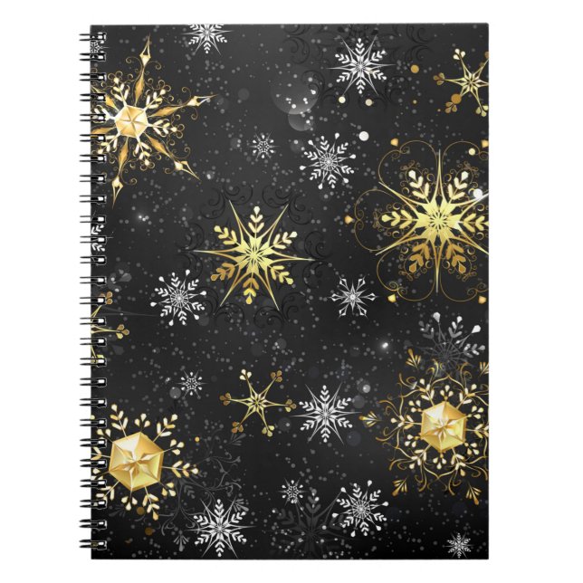 Cuaderno Xmas copos de nieve dorados sobre fondo negro (Frente)