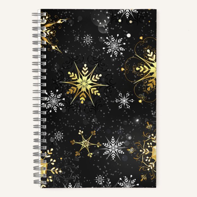 Cuaderno Xmas copos de nieve dorados sobre fondo negro (Anverso)