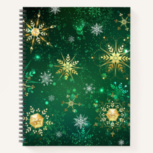 Cuaderno Xmas copos de nieve dorados sobre fondo verde