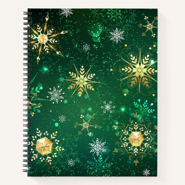 Cuaderno Xmas copos de nieve dorados sobre fondo verde (Anverso)