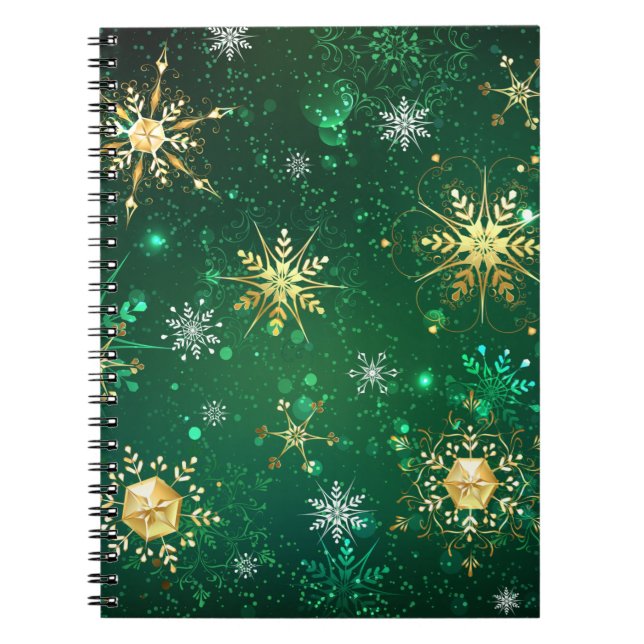 Cuaderno Xmas copos de nieve dorados sobre fondo verde (Frente)