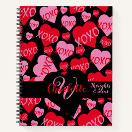 Cuaderno XOXO Patrón de Corazón Rojo Rosa Monograma Amor Ne