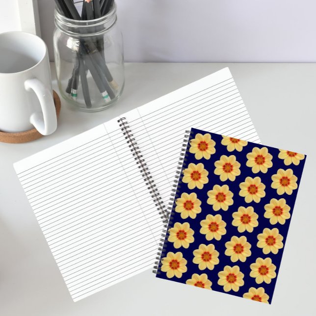 Cuaderno Yellow Dahlia Floral Pattern on Blue (In Situ)