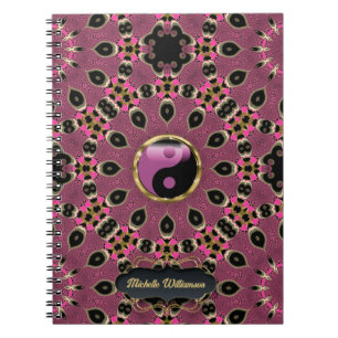 Cuaderno Yin negro rosado Yang Peacock Mandala Personalizad
