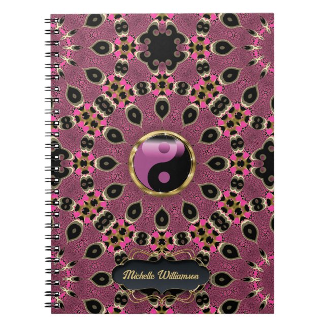 Cuaderno Yin negro rosado Yang Peacock Mandala Personalizad (Frente)