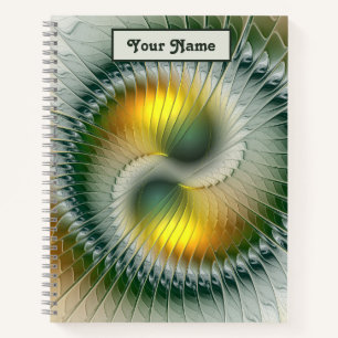 Cuaderno Yin Yang Verde Amarillo Abstracto Fractal Nombre P