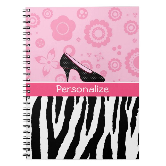 Cuaderno Zapatos rosados femeninos de la cebra de moda con (Frente)