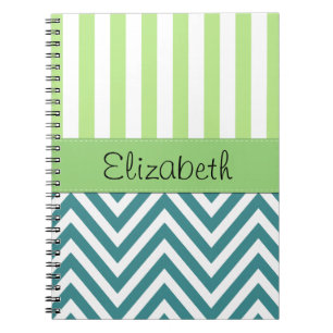 Cuaderno Zigzag Azul, Chevron, Rayas Verdes, Tu Nombre