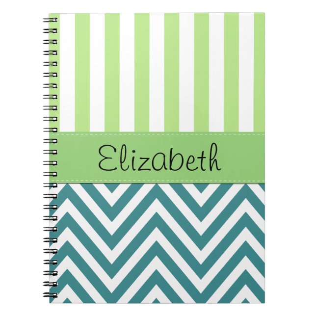 Cuaderno Zigzag Azul, Chevron, Rayas Verdes, Tu Nombre (Frente)