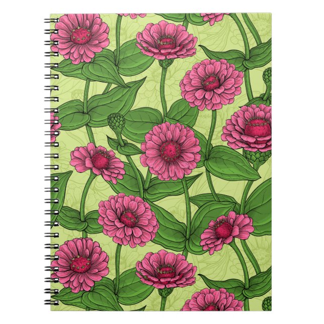 Cuaderno Zinnias rosas sobre verde claro (Frente)