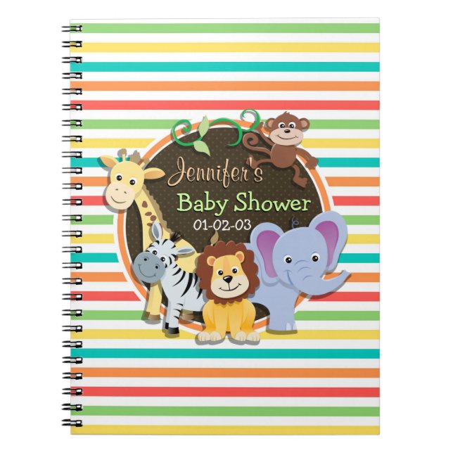 Cuaderno Zoo Animals Baby Shower, franjas de arcoiris brill (Frente)