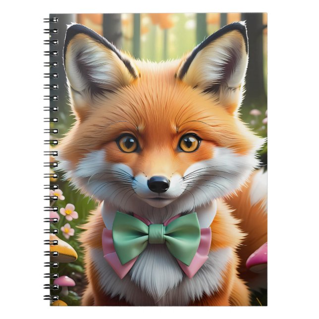 Cuaderno Zorro lindo con un lazo verde y rosa (Frente)