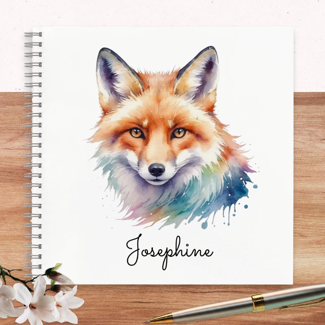Cuaderno Zorro Rojo Acuarela Personalizada (A personalized spiral-bound notebook, with cover illustration of a red fox in a watercolor style)