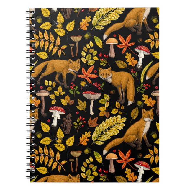 Cuaderno zorros otoñales sobre negro (Frente)