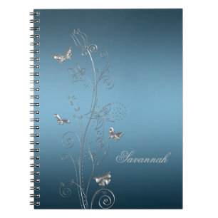 Cuadernos de mariposas florales plateadas azul ver