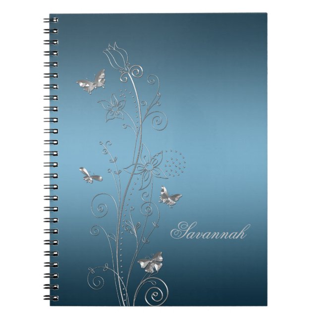 Cuadernos de mariposas florales plateadas azul ver (Frente)