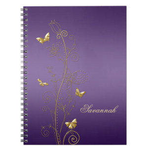 Cuadernos de mariposas florales púrpura con dorado