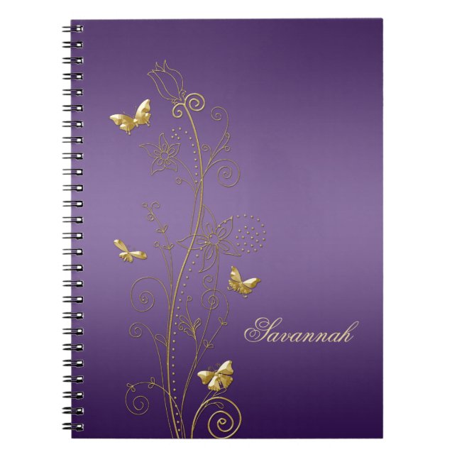 Cuadernos de mariposas florales púrpura con dorado (Frente)