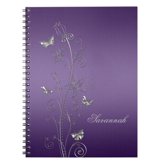 Cuadernos Morados con Mariposas Florales de Plata (Frente)