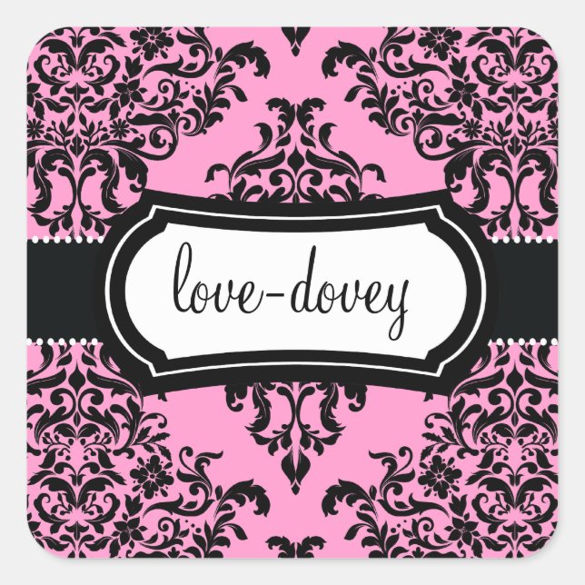 Cuadrada 311 Pegatina de Lovey Dovey Damask Rosa (Anverso)