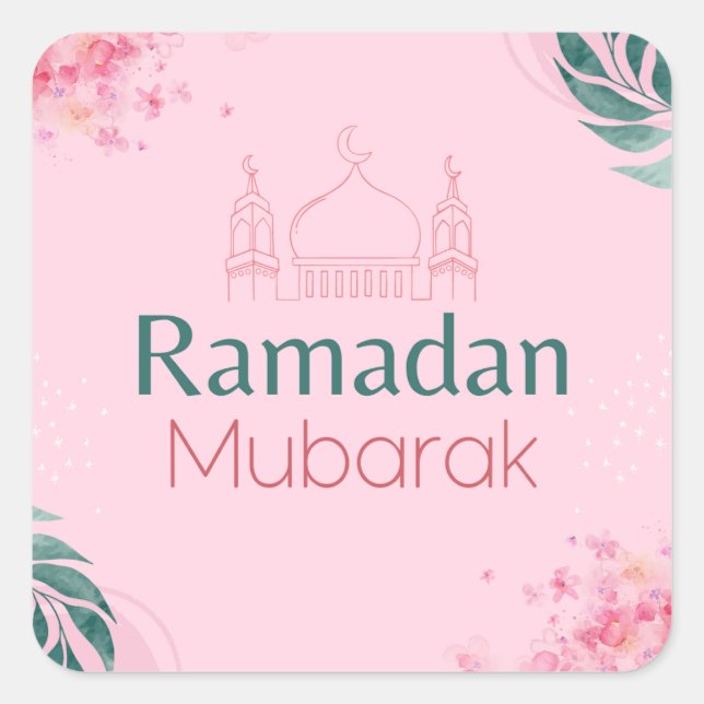 Cuadrada Acuarela floral rosa Ramadan Mubarak Pegatina (Anverso)