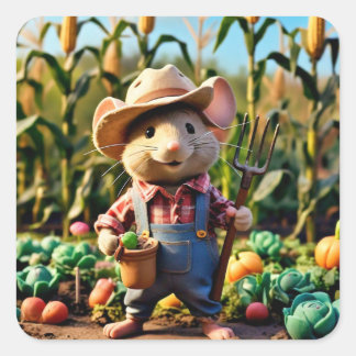 Cuadrada Adorable agricultor de ratón en Pegatina de jardín