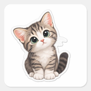 Cuadrada “Adorable Gatito Curioso – Pegatina de Gato Bonito