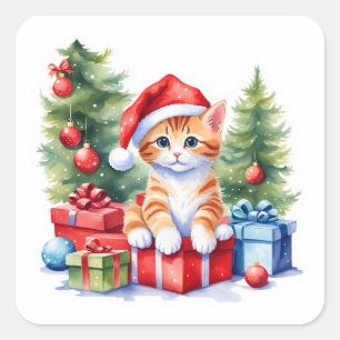Cuadrada Adorable pegatina de Navidad de gato - Gatito cerc