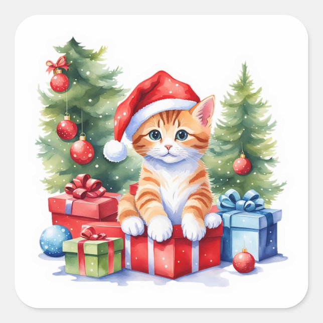 Cuadrada Adorable pegatina de Navidad de gato - Gatito cerc (Anverso)