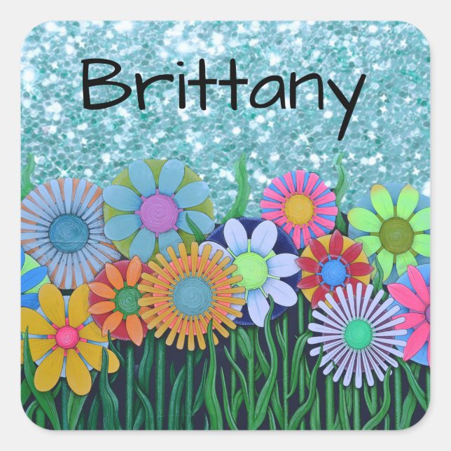 Cuadrada Agregar nombre al Pegatina del Purpurina azul de f (Anverso)