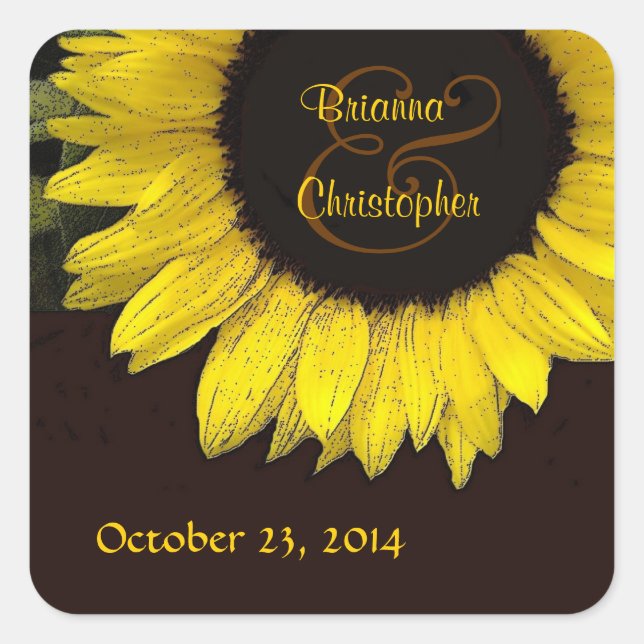 Cuadrada Alegre Pegatina Boda de girasol amarillo (Anverso)
